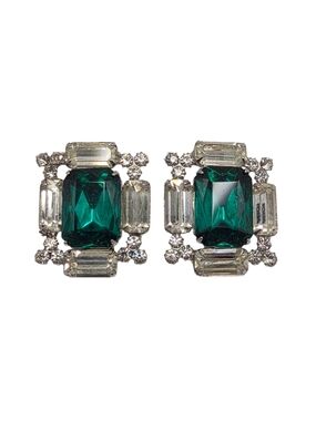 Vintage Emerald Green Rhinestone Clip On Earrings MCM Unsigned Weiss? Kramer?